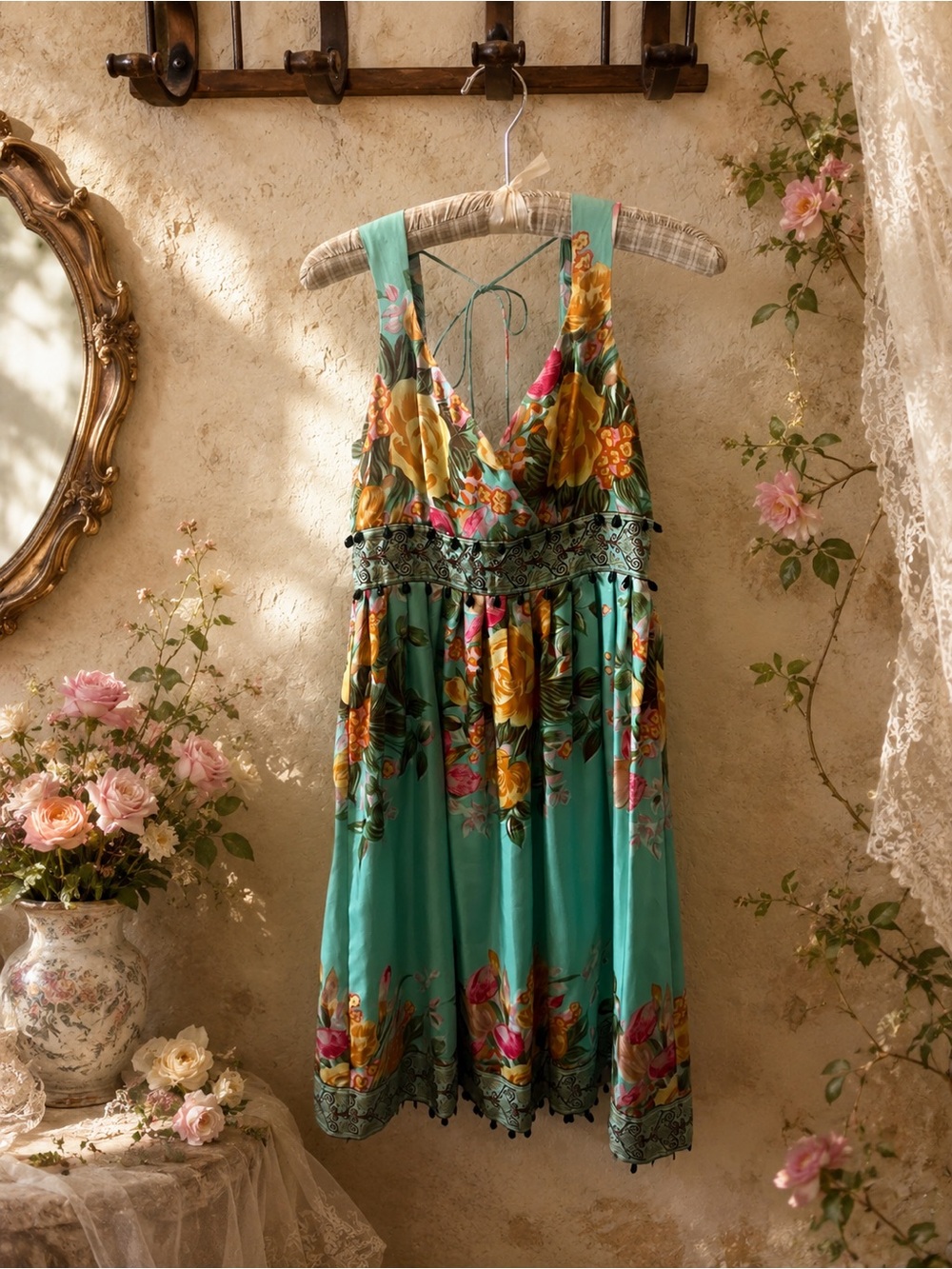 Plenty by Tracy Reese 100% Silk Floral Halter Dress Aqua Boho Size 2
